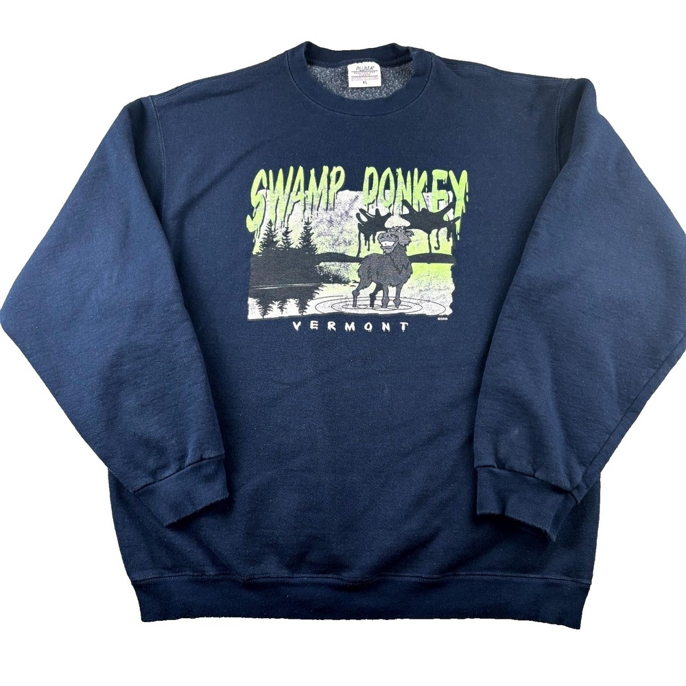 Vintage Swamp Donkey Vermont Pluma Sweatshirt Mens XL Navy Blue Cotton Graphic
